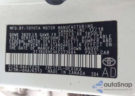 2019 Toyota Corolla Se from USA, damaged, VIN 2T1BURHE4KC223684